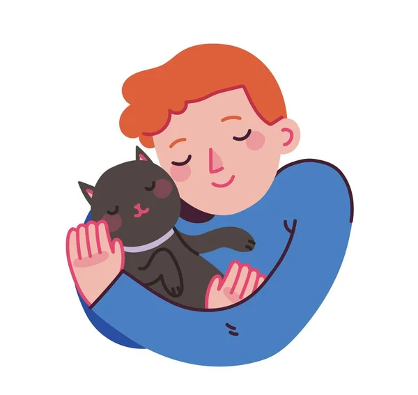 Niño abrazando gato, joven con mascota abraza retrato vector ilustración en estilo plano. Personajes de mascotas gato. — Archivo Imágenes Vectoriales