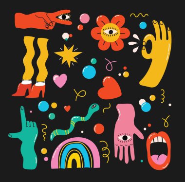 Çizgi film Düz Tasarımı 'nda büyük renkli vektör çizimleri. El çizimi soyut şekiller, komik çizgi karakterler.