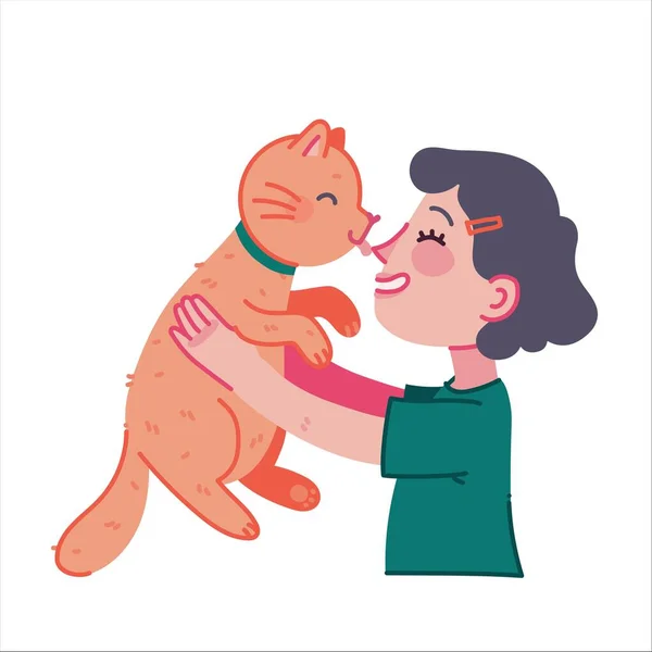 Chica abrazando gato, joven con mascota abraza retrato vector ilustración en estilo plano. Personajes de mascotas gato. — Archivo Imágenes Vectoriales