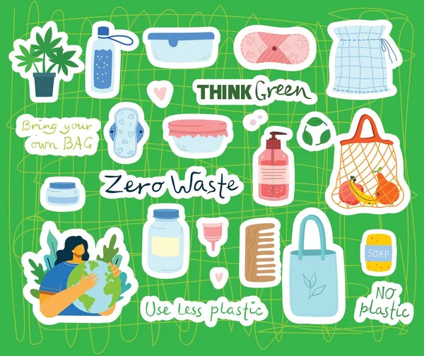 Ilustración vectorial ECO pegatinas de Concepto de eco energía verde y Save the planet, Think green y reciclaje de residuos en el estilo plano — Vector de stock