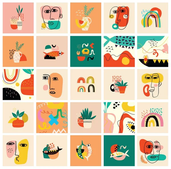 Conjunto Mano Dibujado Varias Caras Formas Objetos Garabato Ilustración Moderna — Vector de stock