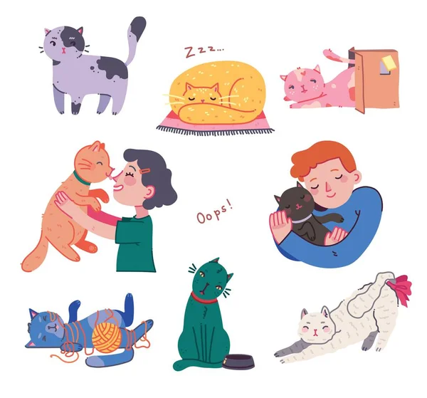 Kız ve oğlan kedilere sarılıyor, evcil hayvanı olan genç adam düz çizgi film tarzında portreyi kucaklıyor. Sevimli Kedi karakterlerinin el çizimi vektör çizimleri. Sketch Doodle tarzı — Stok Vektör