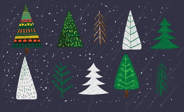 Dibujo a mano vectorial ilustraciones abstractas de moda de la tarjeta de vacaciones de Feliz Navidad y Feliz Año Nuevo 2022 con árbol de Navidad, bosque de invierno y letras. — Archivo Imágenes Vectoriales