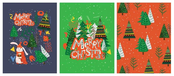 Mão de vetor desenhando ilustrações abstratas da moda de cartões de férias de Feliz Natal e Feliz Ano Novo 2022 com árvore de Natal, floresta de inverno e letras. — Vetor de Stock