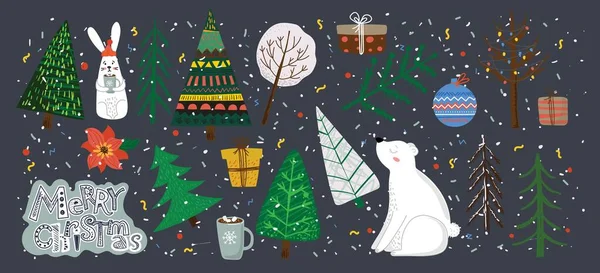 Dibujo a mano vectorial ilustraciones abstractas de moda de la tarjeta de vacaciones de Feliz Navidad y Feliz Año Nuevo 2022 con árbol de Navidad, bosque de invierno y letras. — Vector de stock