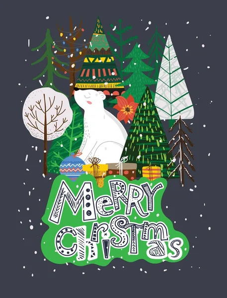 Векторный ручной рисунок модных абстрактных иллюстраций праздничной открытки Счастливого Рождества и Нового 2022 года с елкой, зимним лесом и надписью. — стоковый вектор