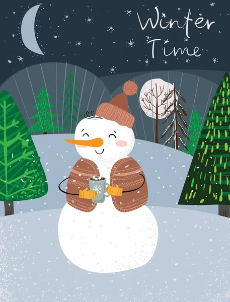 Векторная ручная иллюстрация праздничной открытки с Рождеством и Новым 2022 годом с рождественской елкой, зимним лесом, снеговиком и надписью. — стоковый вектор