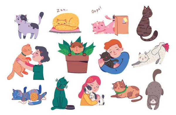 Flicka och pojke kramar katter, ung person med husdjur omfamnar porträtt i platt tecknad stil. Handritade vektor illustrationer av söta Katt tecken. Skiss Doodle stil — Stock vektor