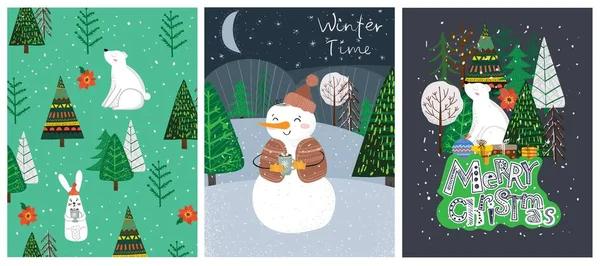 Dibujo a mano vectorial ilustraciones abstractas de moda de tarjetas de vacaciones de Feliz Navidad y Feliz Año Nuevo 2022 con árbol de Navidad, bosque de invierno y letras. — Archivo Imágenes Vectoriales