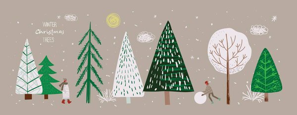 Векторный набор зимних елок и солнца, снега, снежинок, метели, облаков, людей для создания собственных новогодних и рождественских иллюстрированных открыток