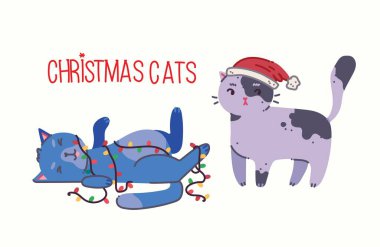 Noel kedileri, örgü şapka ve süveter gibi aksesuarları olan sevimli kedilerin Mutlu Noeller çizimi