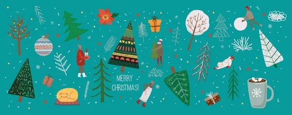 Conjunto de vectores de invierno Árboles de Navidad y sol, nieve, copo de nieve, arbusto, nube, gente para crear tarjetas de ilustración propias de Año Nuevo y Navidad — Vector de stock