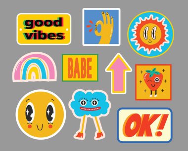 Soyut komik komik karakterli çeşitli yamalar, iğneler, pullar veya çıkartmaların el çizimi Vektör çizimleri.