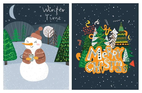 Dibujo a mano vectorial ilustraciones abstractas de moda de tarjetas de vacaciones de Feliz Navidad y Feliz Año Nuevo 2022 con árbol de Navidad, bosque de invierno y letras. — Archivo Imágenes Vectoriales