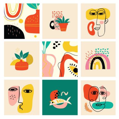 Bir dizi el, çeşitli yüzler, şekiller ve karalama nesneleri çizdi. Soyut modern vektör illüstrasyonu.