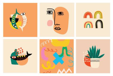 Bir dizi el, çeşitli yüzler, şekiller ve karalama nesneleri çizdi. Soyut modern vektör illüstrasyonu.