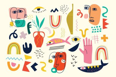 Bir dizi el, çeşitli yüzler, şekiller ve karalama nesneleri çizdi. Soyut modern vektör illüstrasyonu.