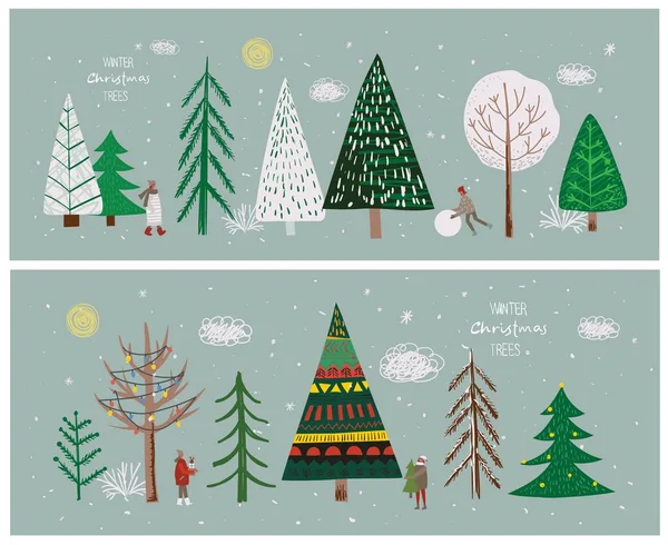 Conjunto de vectores de invierno Árboles de Navidad y sol, nieve, copo de nieve, arbusto, nube, gente para crear tarjetas de ilustración propias de Año Nuevo y Navidad — Vector de stock