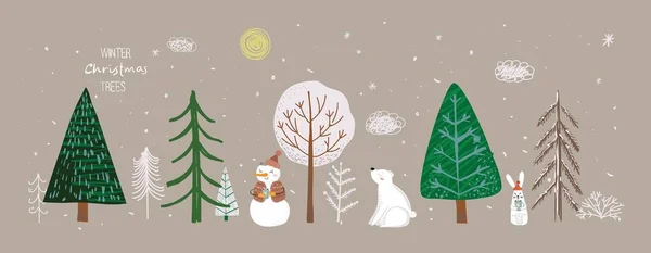 Conjunto vectorial de árboles de Navidad de invierno y sol, nieve, nowman, arbusto, nube, oso, conejo para crear tarjetas de ilustración propias de Año Nuevo y Navidad — Archivo Imágenes Vectoriales