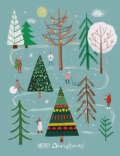 Conjunto de vectores de invierno Árboles de Navidad y sol, nieve, copo de nieve, arbusto, nube, gente para crear tarjetas de ilustración propias de Año Nuevo y Navidad — Archivo Imágenes Vectoriales