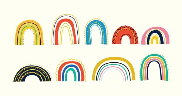 Various rainbows. Kids drawing style. Different ornaments. Childish scandinavian style. Flat design. Hand drawn colored vector set. Modern trendy illustration. All elements are isolated — Stock Vector