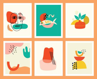 Çeşitli şekiller ve karalama nesneleri çizilmiş arka planlar. Soyut modern trend vektör illüstrasyonu.