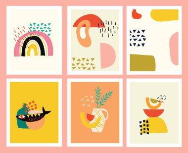 Çeşitli şekiller ve karalama nesneleri çizilmiş arka planlar. Soyut modern trend vektör illüstrasyonu.