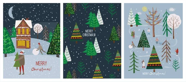 Dibujo a mano vectorial ilustraciones abstractas de moda de tarjetas de vacaciones de Feliz Navidad y Feliz Año Nuevo 2022 con árbol de Navidad, bosque de invierno, casa, personas y letras. — Archivo Imágenes Vectoriales