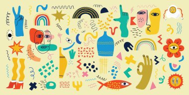 Çizgi film Düz Tasarımı 'nda büyük renkli vektör illüstrasyon posterleri. El çizimi soyut şekiller, komik çizgi karakterler.