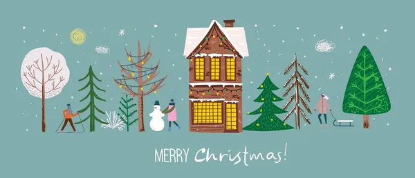 Dibujo a mano vectorial ilustración abstracta de moda de tarjetas de vacaciones f Feliz Navidad y Feliz Año Nuevo 2022 con árbol de Navidad, bosque de invierno, personas y letras. — Archivo Imágenes Vectoriales