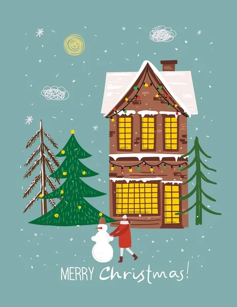 Dibujo a mano vectorial ilustración abstracta de moda de tarjetas de vacaciones f Feliz Navidad y Feliz Año Nuevo 2022 con árbol de Navidad, bosque de invierno, personas y letras. — Vector de stock