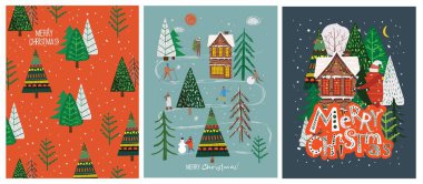 Vektör el Mutlu Noeller ve mutlu yıllar 2022 'nin soyut resimlerini çiziyor. Noel ağacı, kış ormanı, insanlar ve yazıtlarla birlikte..