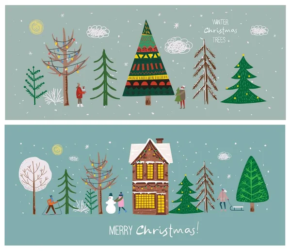 Dibujo a mano vectorial ilustración abstracta de moda de tarjetas de vacaciones f Feliz Navidad y Feliz Año Nuevo 2022 con árbol de Navidad, bosque de invierno, personas y letras. — Archivo Imágenes Vectoriales