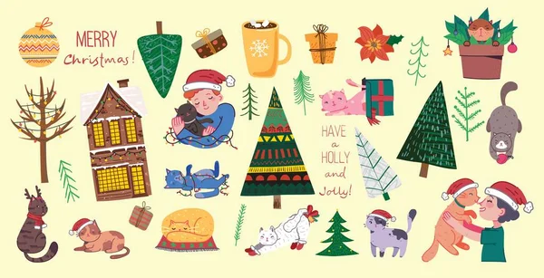 Gatos de Navidad, Feliz Navidad ilustraciones de niños y niñas abrazando gatos, jóvenes, árbol de Navidad, casa, regalos en estilo plano de dibujos animados. — Archivo Imágenes Vectoriales
