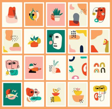 Çeşitli şekiller ve karalama nesneleri çizilmiş arka planlar. Soyut modern trend vektör illüstrasyonu.