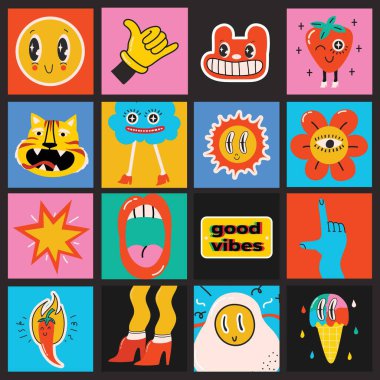 Çizgi film Düz Tasarımı 'nda büyük renkli vektör illüstrasyon posterleri. El çizimi soyut şekiller, komik çizgi karakterler.