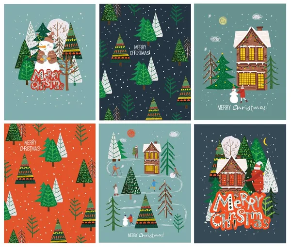 Dibujo a mano vectorial ilustración abstracta de moda de tarjetas de vacaciones de Feliz Navidad y Feliz Año Nuevo 2022 con árbol de Navidad, bosque de invierno, personas y letras. — Archivo Imágenes Vectoriales