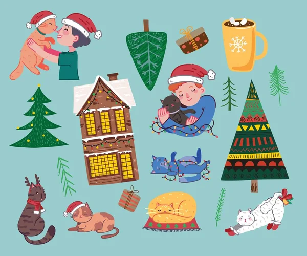 Gatos de Navidad, Feliz Navidad ilustraciones de niños y niñas abrazando gatos, jóvenes, árbol de Navidad, casa, regalos en estilo plano de dibujos animados. — Vector de stock