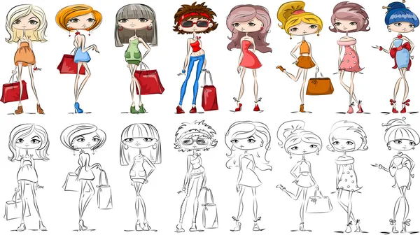 Dibujos animados chicas de moda — Vector de stock