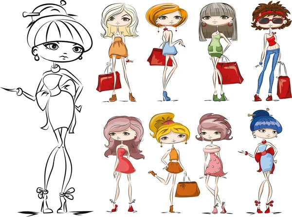 Мультфильм модные девушки — стоковый вектор