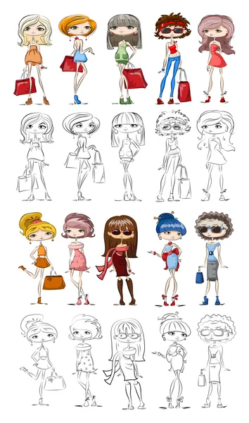 Dibujos animados chicas de moda — Vector de stock