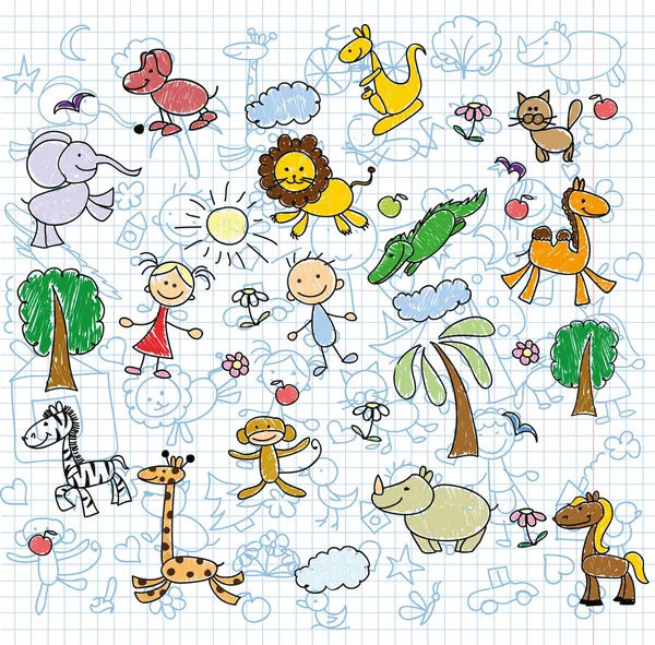 Children's tekeningen van doodle dieren — Stockvector