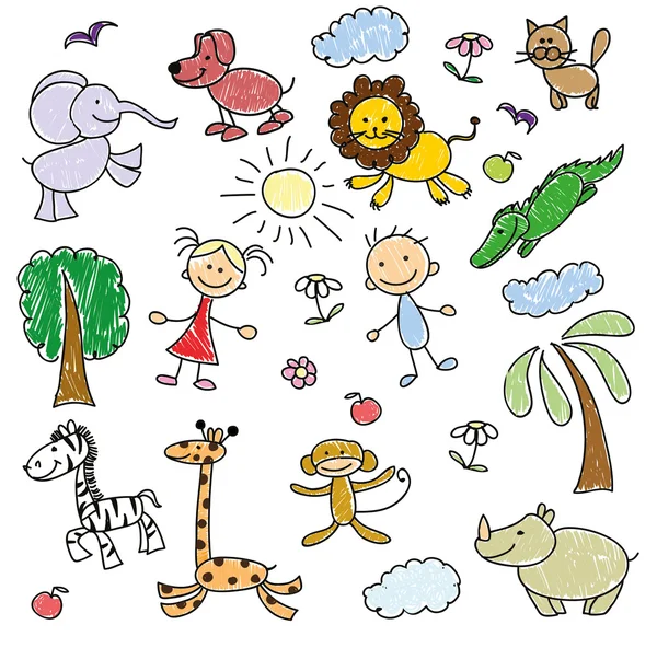 Children's tekeningen van doodle dieren — Stockvector