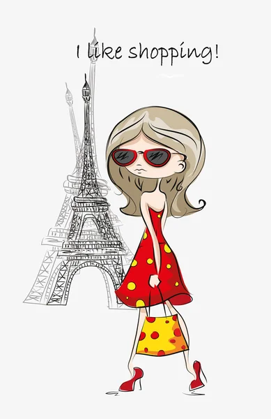 Chica de dibujos animados de moda en París — Vector de stock