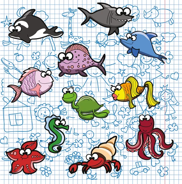 Aranyos rajzfilm halak csoportja — Stock Vector