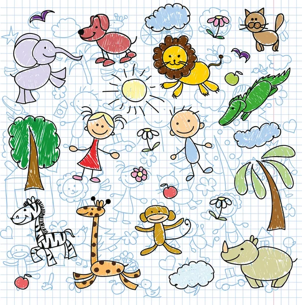 Children's tekeningen van doodle dieren — Stockvector