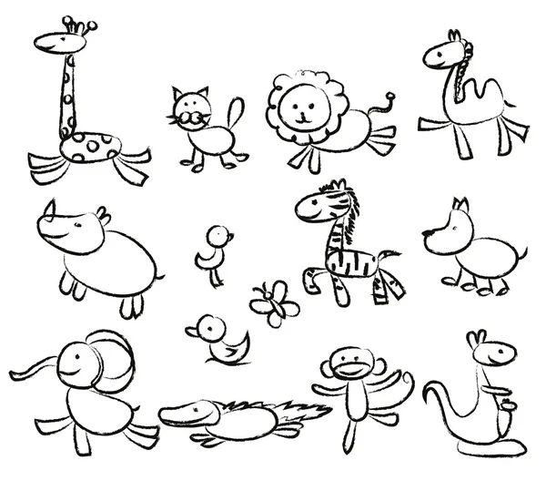 Dessins d'enfants d'animaux gribouillis — Image vectorielle