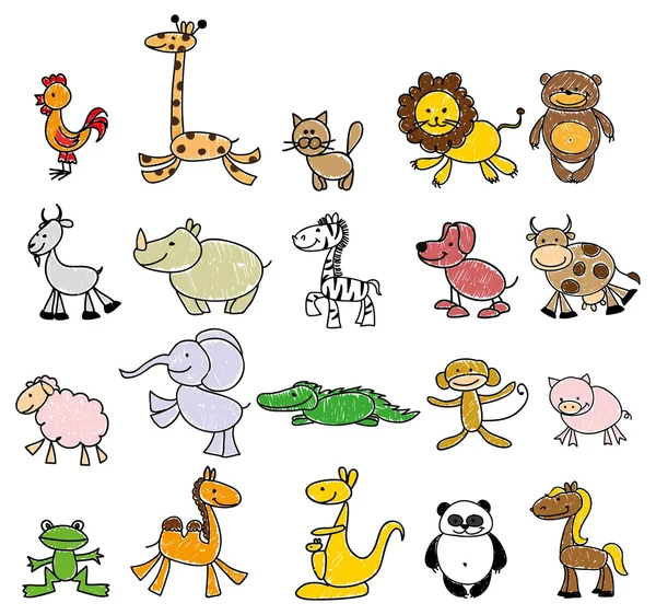 Εικαστικές δημιουργίες παιδιών doodle ζώων — Διανυσματικό Αρχείο