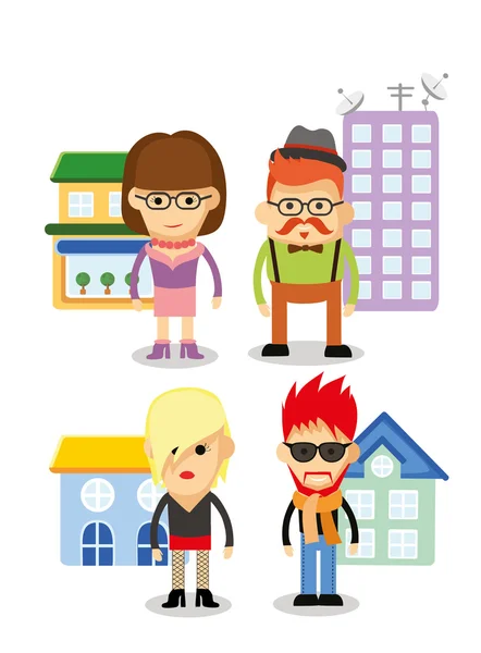 Character icons and houses — Stock Vector