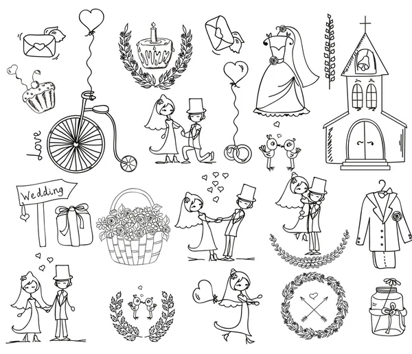 Conjunto de casamento Doodle — Vetor de Stock